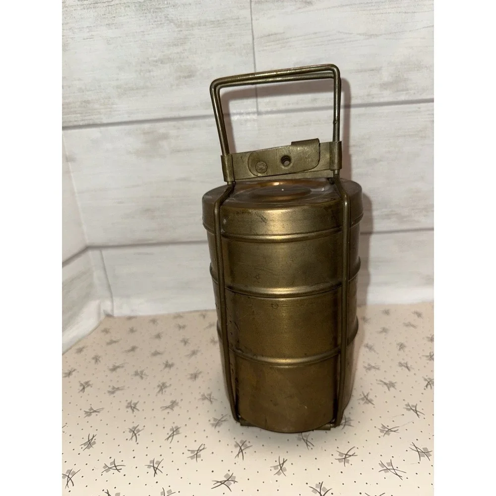 Old Brass Three  Tier‎ Tiffin Food Carrier Round Lunch Box Container Prairie